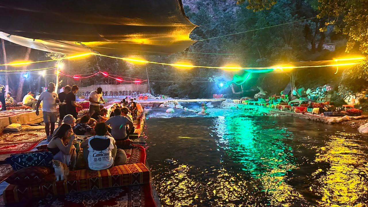 Berber dinner by the Ourika river at night